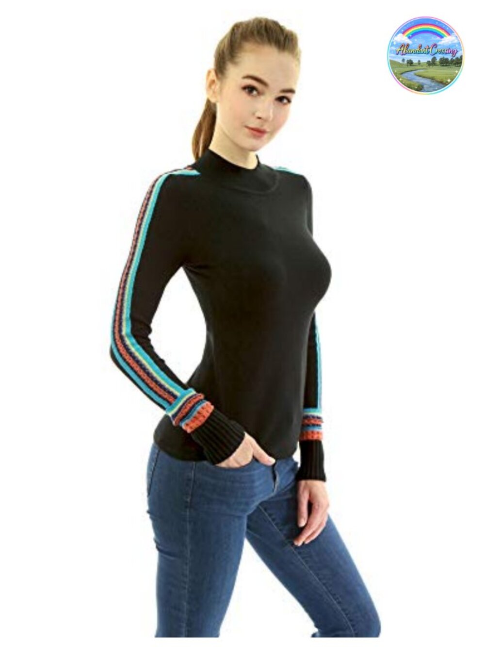 Women's Mock Neck Fair Isle Knit Sweater Long Sleeve Pullover Lace Trim